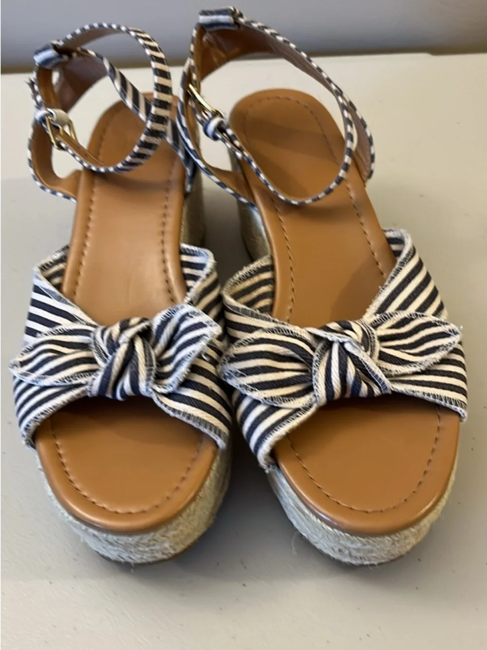 J. Crew Navy and White Striped Bow Espadrille Sandals